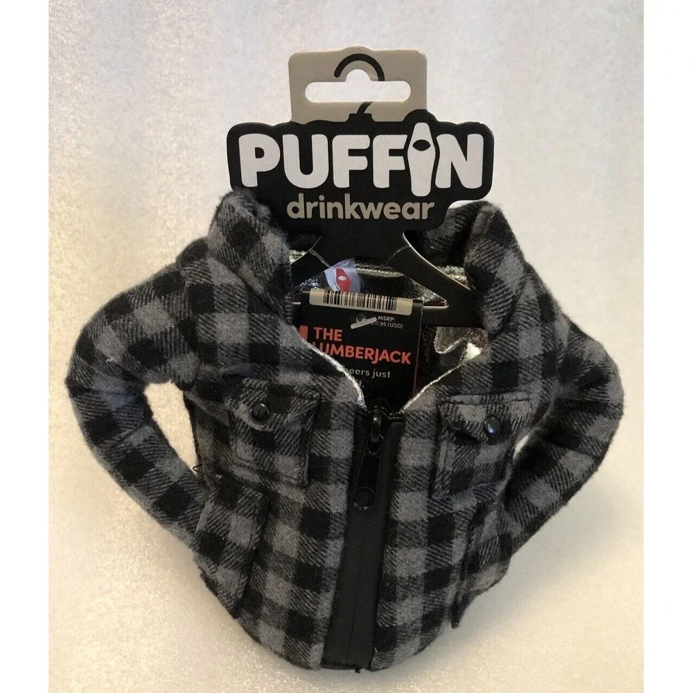 Puffin drinkwear Plaid‎ Pewter Flannel Jacket Shirt Drink Koozie The Lumberjack
